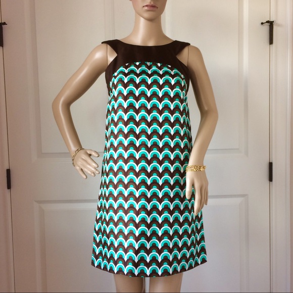 Milly of New York Vintage Silk Geometric Retro Shift Dress Grecian Collar Size 0 - Picture 2 of 11